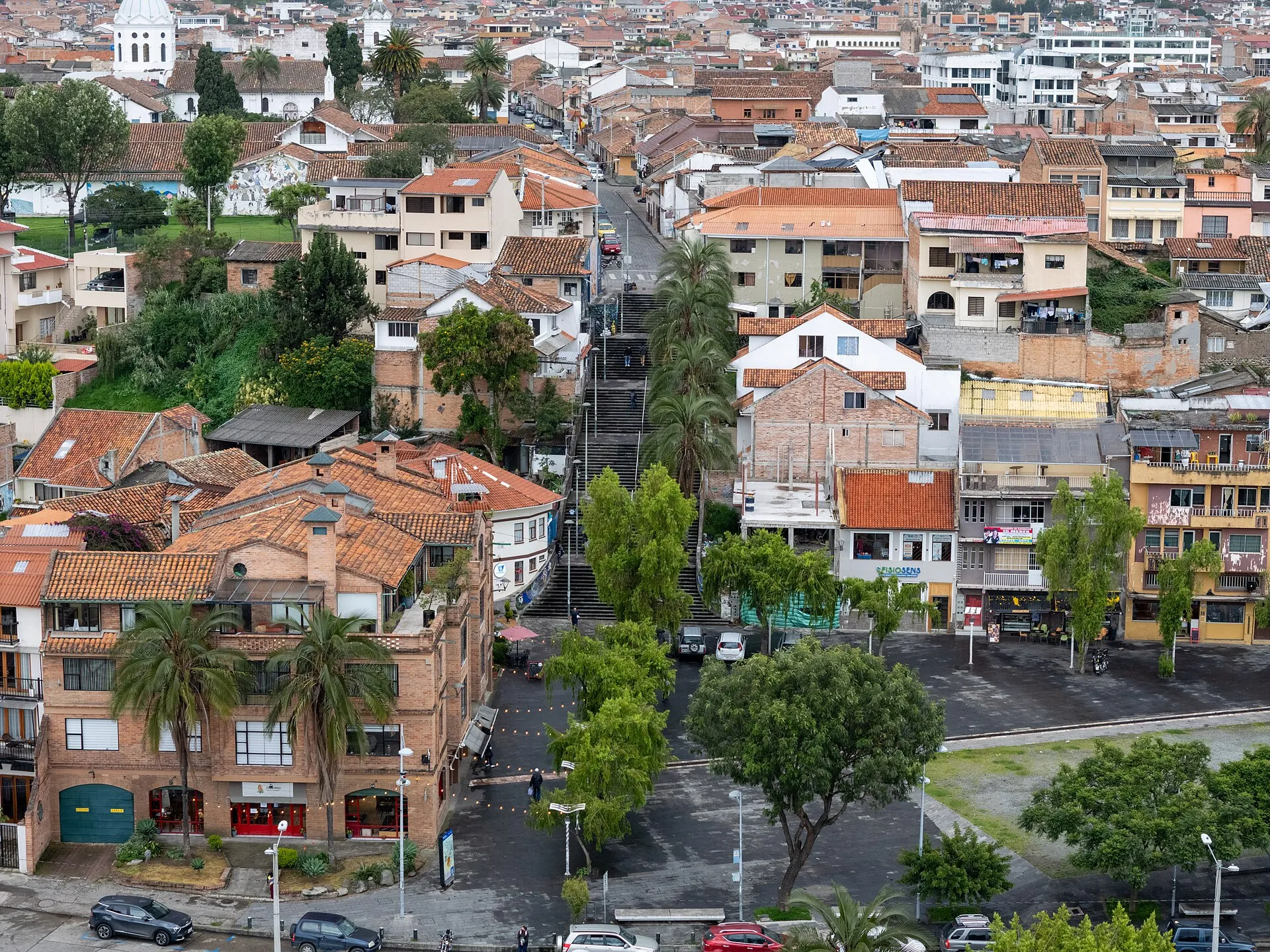 Aerial view of Cuenca’s El Vado neighborhood and blue cathedral domes