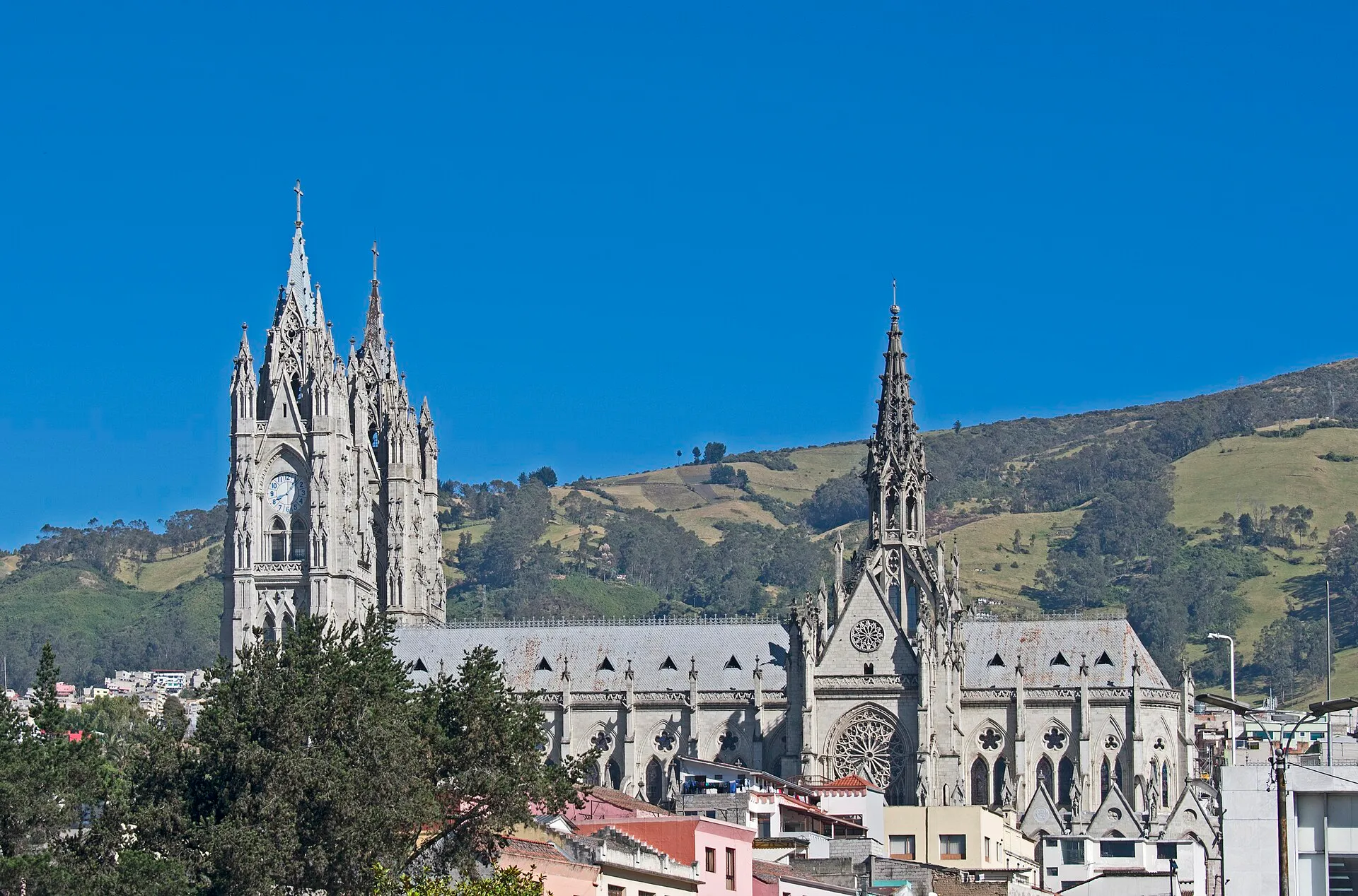 The Gothic towers of the Basílica del Voto Nacional in Quito